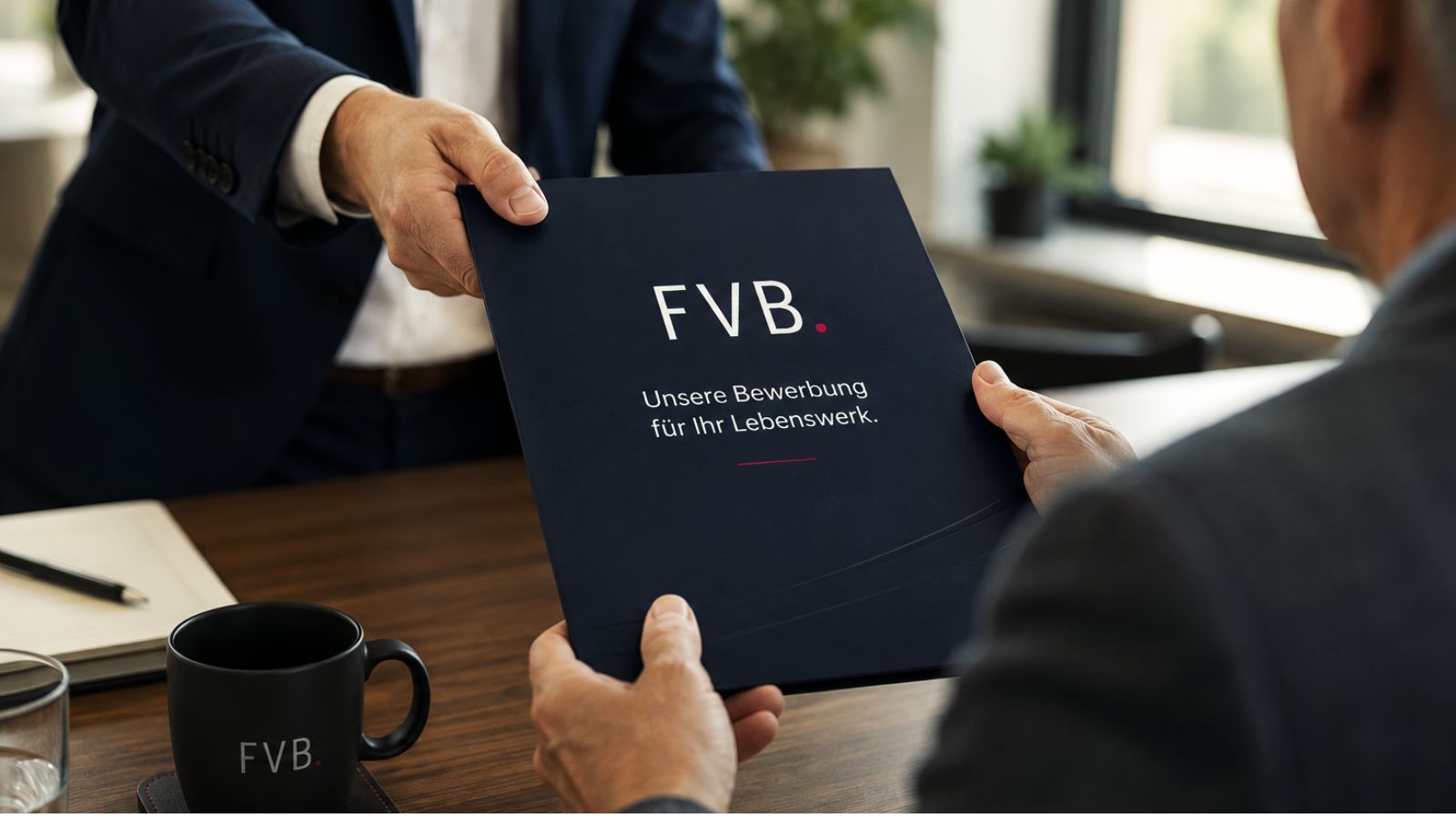 Symbolische Übergabe einer FVB-Bewerbungsmappe an einen Versicherungsmakler
